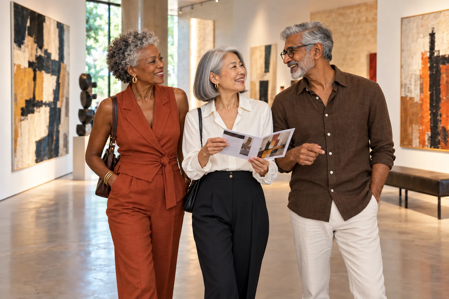 Three friends in their late sixties and seventies enjoying an art gallery outing